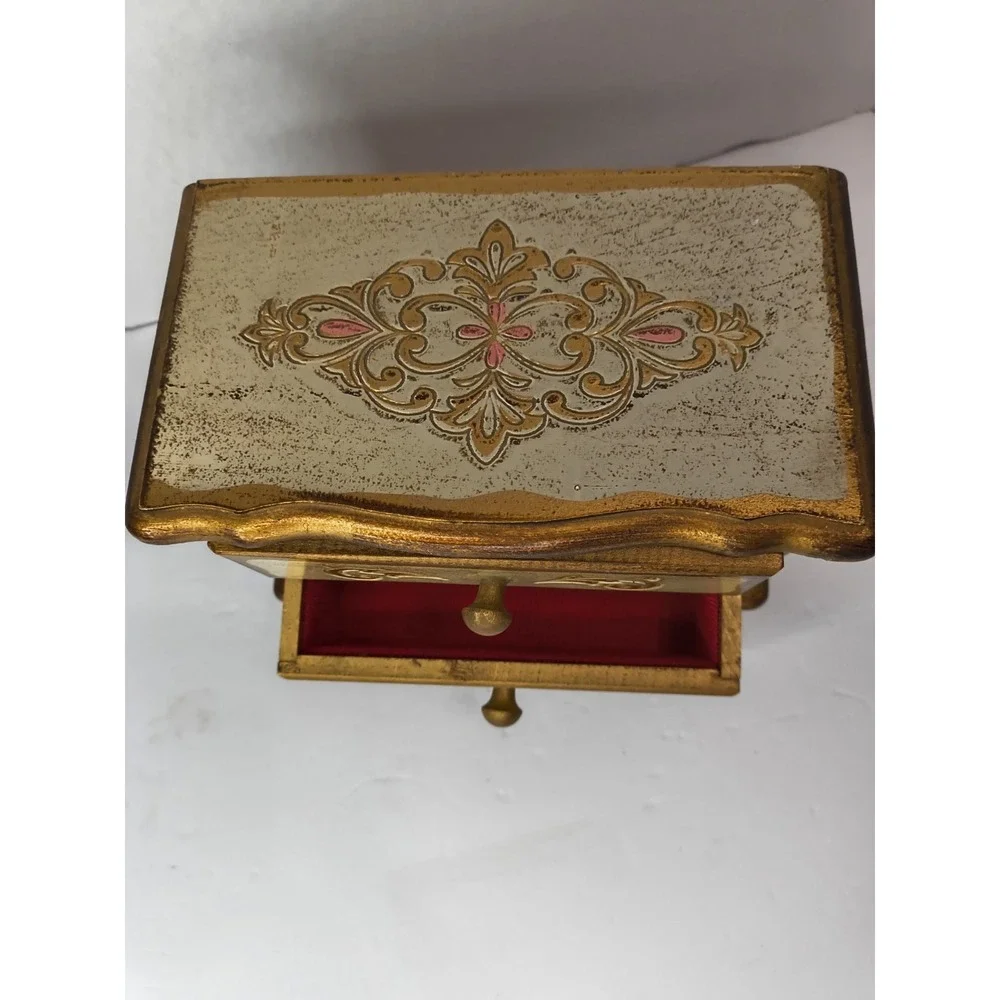 VTG 1960s Florentine Style 2-Drawer SM/LG Wood Music Jewelry Box WORKS 5.5